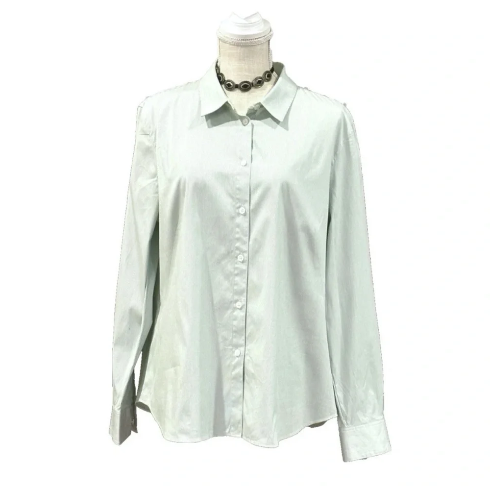 LAFAYETTE 148 NY BUTTON DOWN SHIRT PINSTRIPE MINT WHITE COTTON BLEND 16 $598 - Picture 2 of 11